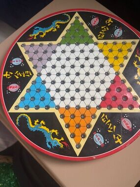 Vintage Chinese Checkers Metal Tin Round Board COMPLETE w/ Marbles Colorful Star
